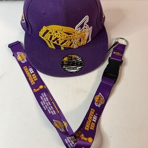 New Era LA Lakers Purple Snapback Hat with Yellow and White Embroidery+lanyard